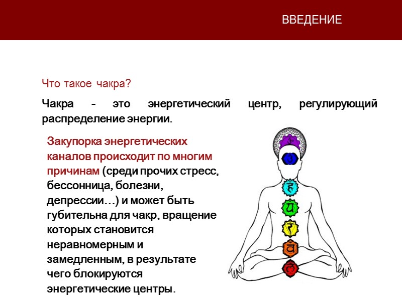 ВВЕДЕНИЕ Чакра - это энергетический центр, регулирующий  распределение энергии. Что такое чакра? Закупорка